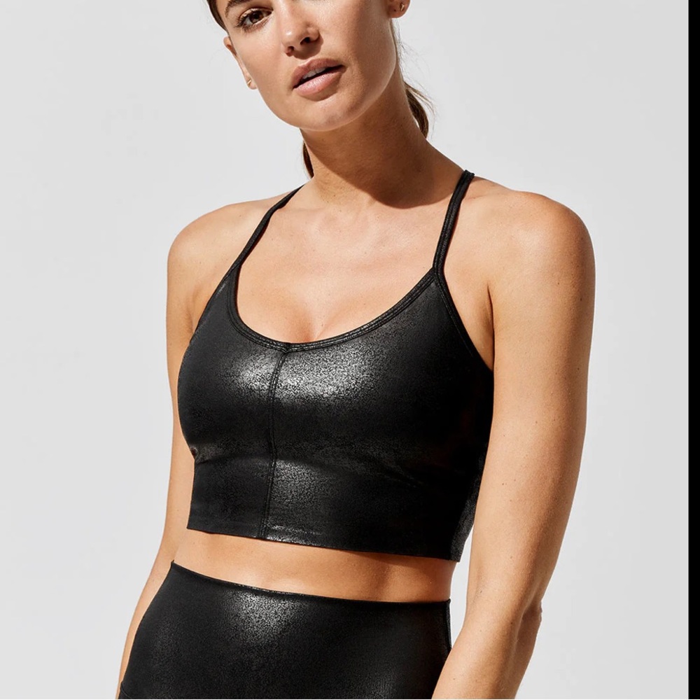 Carbon38 black Leatherette longline Sports Bra W Built In Shelf Bra